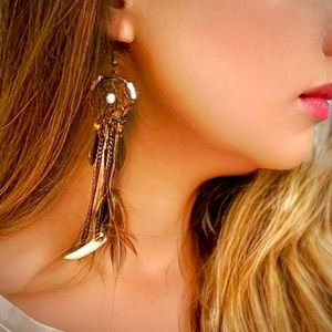 Cute Feather Earrings Long Brown BOHO Hook Dangling Earrings